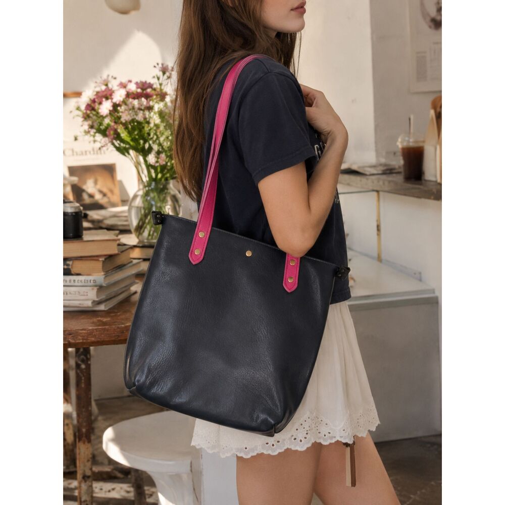 Handmade Leather Tote Black Pink Straps Zip Top Minimalist Bag